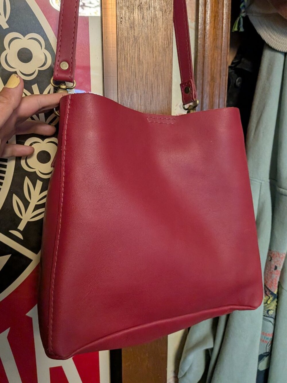 Portland Leather Butterfly Bucket Bag- Berry Red